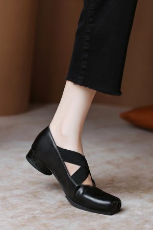 Retro Italian Soft Leather Square-Toe Low-Cut Chunky-Heel Cross-Strap Mary Jane Shoes - Vintage Inspired Fashion Footwear