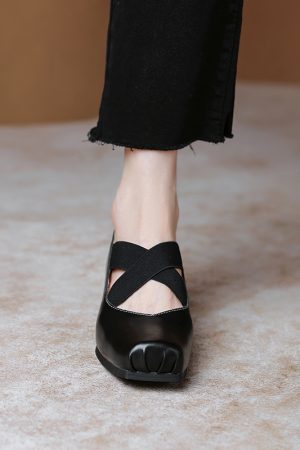 Retro Italian Soft Leather Square-Toe Low-Cut Chunky-Heel Cross-Strap Mary Jane Shoes - Vintage Inspired Fashion Footwear