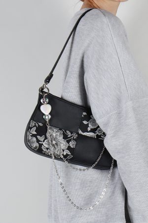 Retro Jacquard Embroidered Heart Beaded Underarm Bag - Handmade Crossbody Women's Bag in Sweet Cool Style