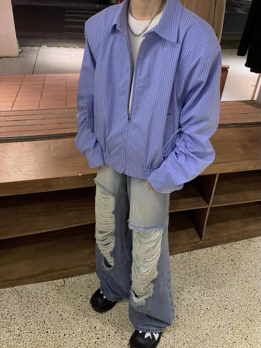 Retro Japanese-Style Blue Striped Shirt for Men - Autumn Loose Casual Shoulder-Padded Jacket, Trendy Y2K Fashion Essential Retro Japanese-Style Blue Striped Shirt for Men - Autumn Loose Casual Shoulder-Padded Jacket, Trendy Y2K Fashion Essential
