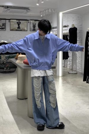 Retro Japanese-Style Blue Striped Shirt for Men - Autumn Loose Casual Shoulder-Padded Jacket, Trendy Y2K Fashion Essential