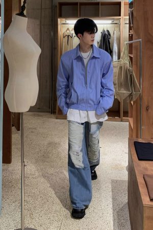 Retro Japanese-Style Blue Striped Shirt for Men - Autumn Loose Casual Shoulder-Padded Jacket, Trendy Y2K Fashion Essential