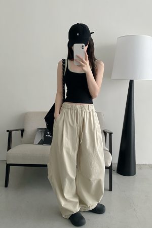 Retro Japanese-Style Parachute Pants for Spring-Summer, Loose Fit Wide-Leg, Comfortable Pure Cotton, Casual American Vibe