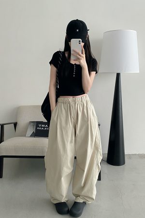 Retro Japanese-Style Parachute Pants for Spring-Summer, Loose Fit Wide-Leg, Comfortable Pure Cotton, Casual American Vibe