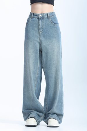 Retro Korean-Style Blue Wide-Leg Jeans for Women - Trendy Loose Straight Pants for Autumn Fashion