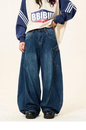 Retro Large Pocket Wide-Leg Denim Pants for Women - Floor-Length Curved Blade Trousers for Spicy 90s Y2K Style