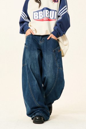 Retro Large Pocket Wide-Leg Denim Pants for Women - Floor-Length Curved Blade Trousers for Spicy 90s Y2K Style