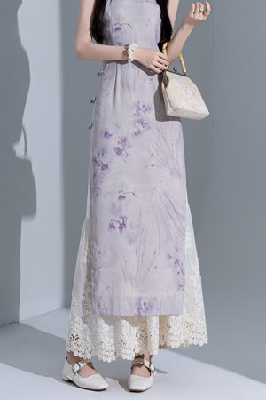 Retro Layered Qipao Wide-Leg Pants Skirt with Water-Soluble Lace Embroidery - Skin-Friendly Nine-Point Trousers for Women
