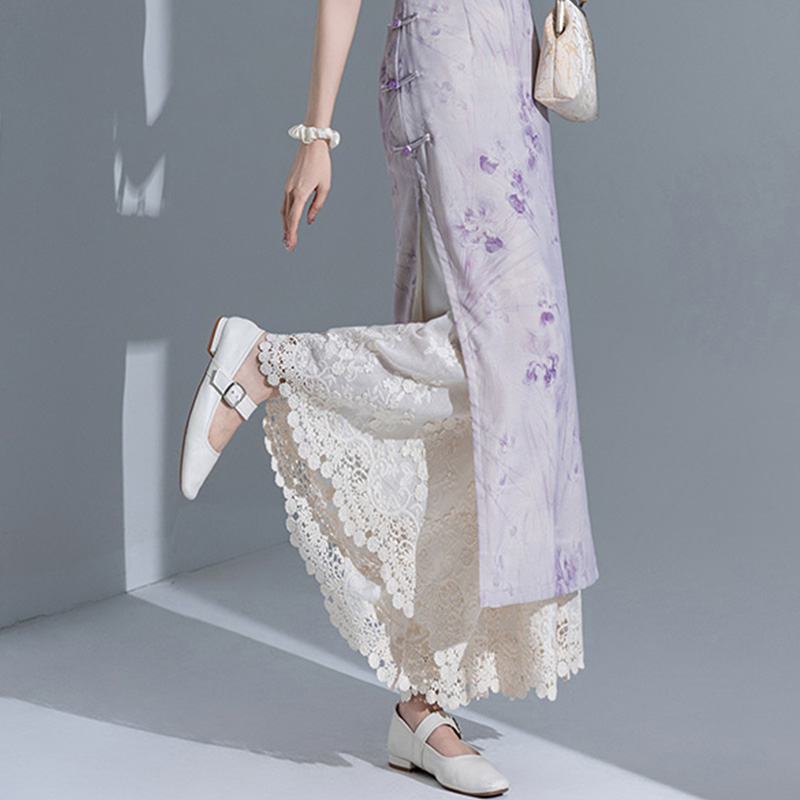 Retro Layered Qipao Wide-Leg Pants Skirt with Water-Soluble Lace Embroidery - Skin-Friendly Nine-Point Trousers for Women Retro Layered Qipao Wide-Leg Pants Skirt with Water-Soluble Lace Embroidery - Skin-Friendly Nine-Point Trousers for Women