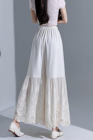 Retro Layered Qipao Wide-Leg Pants Skirt with Water-Soluble Lace Embroidery - Skin-Friendly Nine-Point Trousers for Women