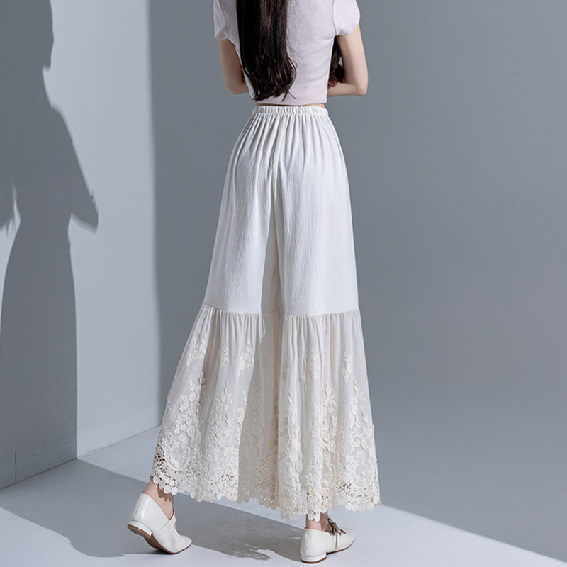 Retro Layered Qipao Wide-Leg Pants Skirt with Water-Soluble Lace Embroidery - Skin-Friendly Nine-Point Trousers for Women Retro Layered Qipao Wide-Leg Pants Skirt with Water-Soluble Lace Embroidery - Skin-Friendly Nine-Point Trousers for Women