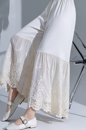 Retro Layered Qipao Wide-Leg Pants Skirt with Water-Soluble Lace Embroidery - Skin-Friendly Nine-Point Trousers for Women