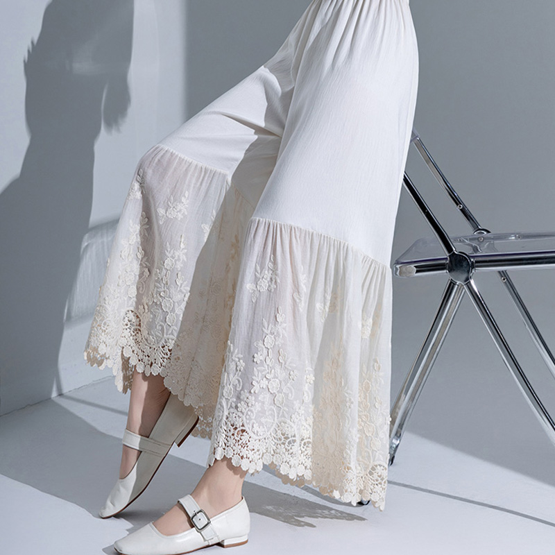 Retro Layered Qipao Wide-Leg Pants Skirt with Water-Soluble Lace Embroidery - Skin-Friendly Nine-Point Trousers for Women Retro Layered Qipao Wide-Leg Pants Skirt with Water-Soluble Lace Embroidery - Skin-Friendly Nine-Point Trousers for Women