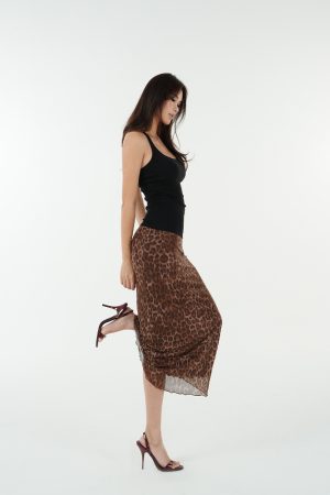 Retro Leopard Print Elastic Mesh Skirt - Y2K Inspired Fashion Statement