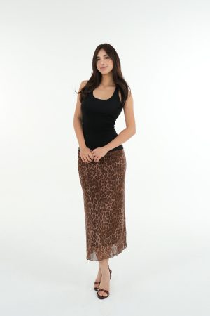 Retro Leopard Print Elastic Mesh Skirt - Y2K Inspired Fashion Statement