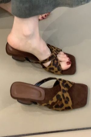 Retro Leopard Print Sheepskin High-Heeled One-Strap Sandals for Women - Summer Open-Toe Square Toe Wedge Footwear