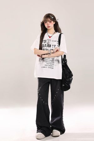 Retro Letter Print Short-Sleeve T-Shirt for Women - Casual Loose Fit, Summer 2025 Style, Vintage-Inspired Fashion