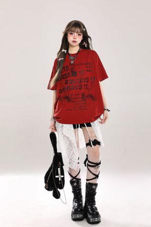 Retro Letter Print Short-Sleeve T-Shirt for Women - Casual Loose Fit, Summer 2025 Style, Vintage-Inspired Fashion