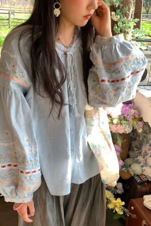 Retro Linen Cotton Long Sleeve Shirt for Women - Honey Daisy Embroidered Lantern Sleeve Top - Spring Vintage Floral Style