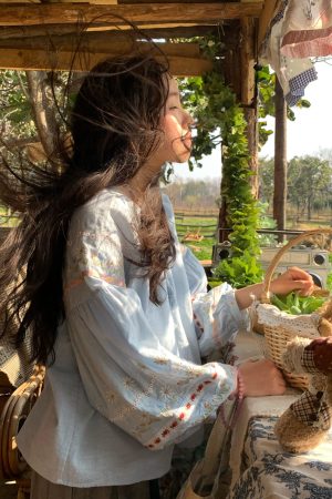 Retro Linen Cotton Long Sleeve Shirt for Women - Honey Daisy Embroidered Lantern Sleeve Top - Spring Vintage Floral Style