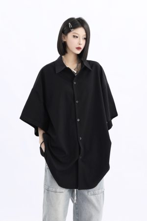 Retro Loose Draped Solid Color Short Sleeve Shirt for Women - Versatile American Style Couple Top