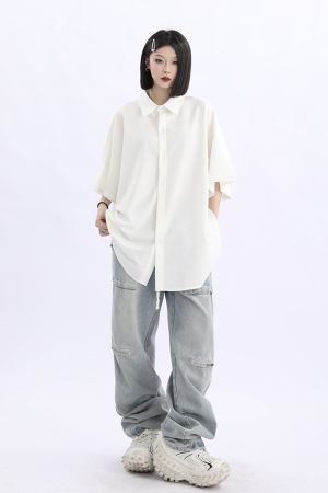 Retro Loose Draped Solid Color Short Sleeve Shirt for Women - Versatile American Style Couple Top