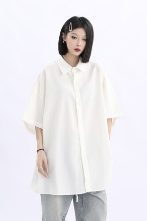 Retro Loose Draped Solid Color Short Sleeve Shirt for Women - Versatile American Style Couple Top