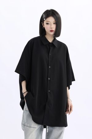 Retro Loose Draped Solid Color Short Sleeve Shirt for Women - Versatile American Style Couple Top