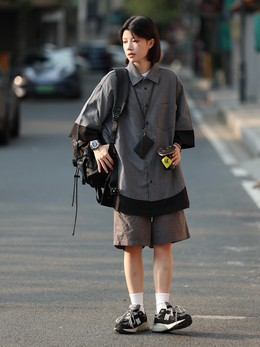 Retro Loose Short-Sleeve Men's Plaid Shirt - Two-Piece Splicing Japanese Style Summer Fashion Retro Loose Short-Sleeve Men's Plaid Shirt - Two-Piece Splicing Japanese Style Summer Fashion