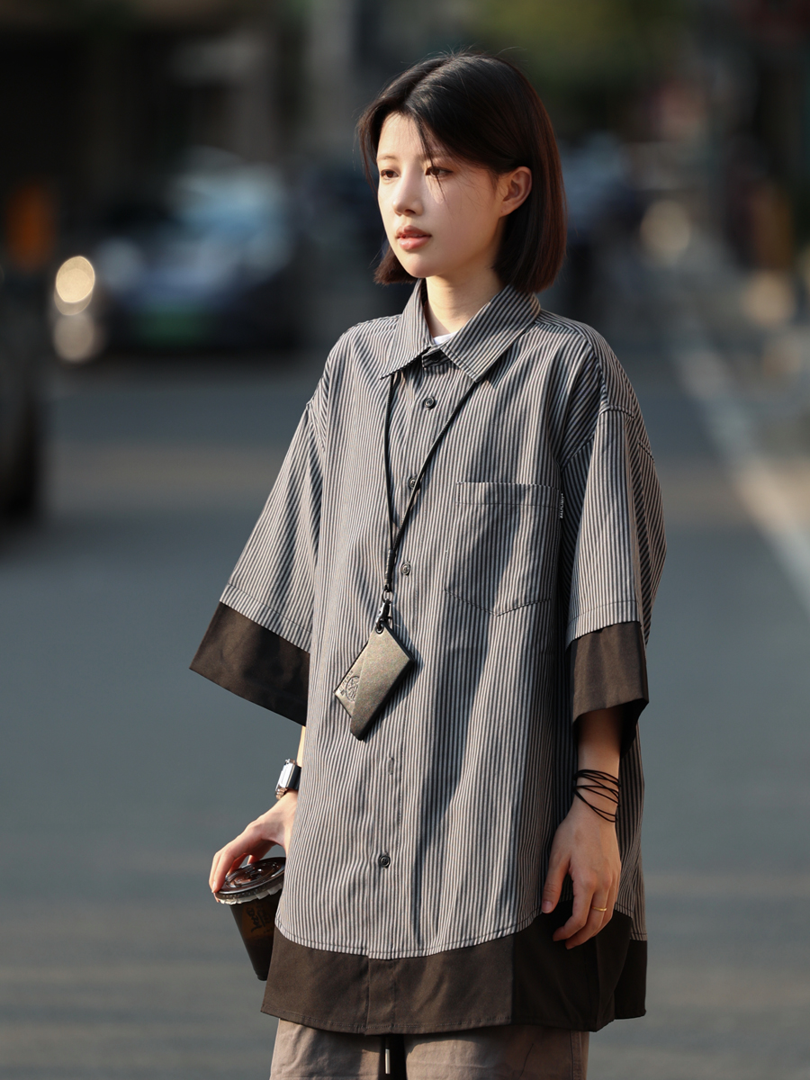 Retro Loose Short-Sleeve Men's Plaid Shirt - Two-Piece Splicing Japanese Style Summer Fashion Retro Loose Short-Sleeve Men's Plaid Shirt - Two-Piece Splicing Japanese Style Summer Fashion