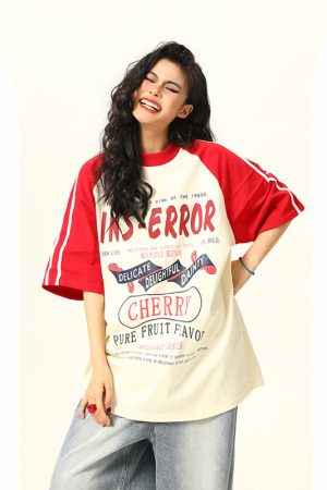 Retro Melange Spliced Short Sleeve T-Shirt for Couples - Unisex Letter Print Tee in 90s American Style