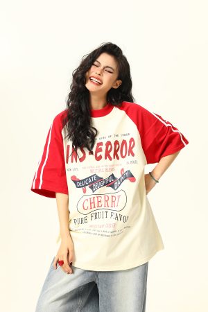 Retro Melange Spliced Short Sleeve T-Shirt for Couples - Unisex Letter Print Tee in 90s American Style