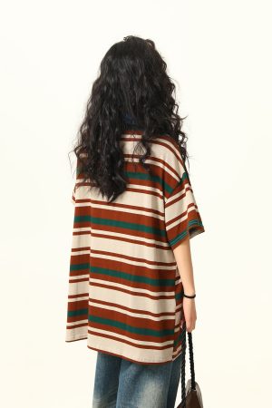 Retro Melard Striped Oversized Short Sleeve Summer T-Shirt for Women - Trendy American Style