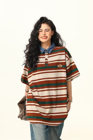 Retro Melard Striped Oversized Short Sleeve Summer T-Shirt for Women - Trendy American Style
