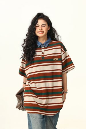 Retro Melard Striped Oversized Short Sleeve Summer T-Shirt for Women - Trendy American Style