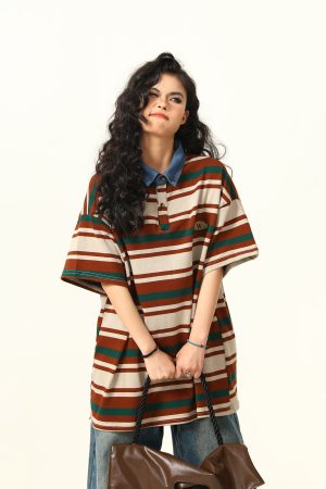 Retro Melard Striped Oversized Short Sleeve Summer T-Shirt for Women - Trendy American Style