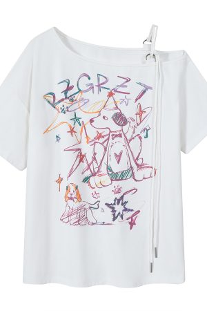 Retro Off-Shoulder Short Sleeve T-Shirt for Women - Summer Graffiti Print with Tie Design, Loose Fit, Y2K Style
