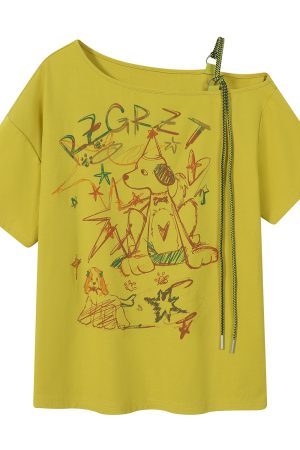 Retro Off-Shoulder Short Sleeve T-Shirt for Women - Summer Graffiti Print with Tie Design, Loose Fit, Y2K Style