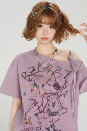 Retro Off-Shoulder Short Sleeve T-Shirt for Women - Summer Graffiti Print with Tie Design, Loose Fit, Y2K Style