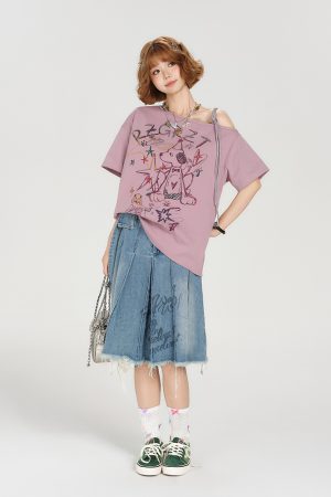 Retro Off-Shoulder Short Sleeve T-Shirt for Women - Summer Graffiti Print with Tie Design, Loose Fit, Y2K Style