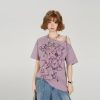 Retro Off-Shoulder Short Sleeve T-Shirt for Women - Summer Graffiti Print with Tie Design, Loose Fit, Y2K Style