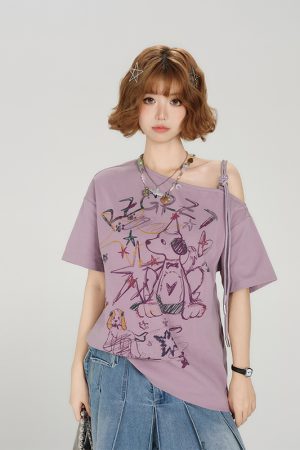 Retro Off-Shoulder Short Sleeve T-Shirt for Women - Summer Graffiti Print with Tie Design, Loose Fit, Y2K Style