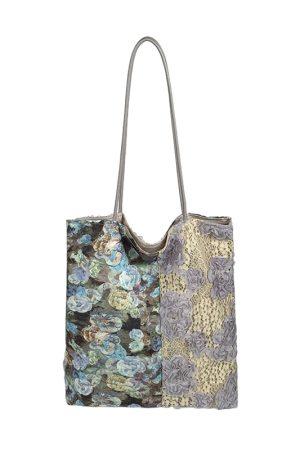 Retro Oil Painting Lace Canvas Tote Bag - 2025 Large Capacity Shoulder Bag for Commuters and Everyday Use
