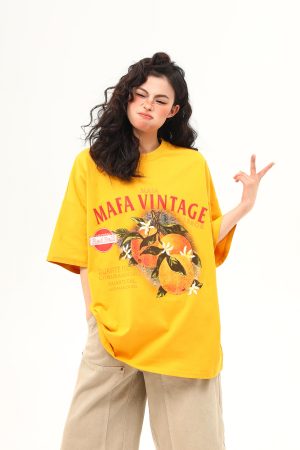 Retro Orange Print Short Sleeve T-Shirt for Women | Summer Vibe Ginger Yellow Tee | Y2K Fashion Top