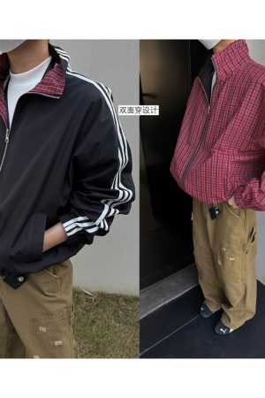Retro Patchwork Reversible Jacket for Men and Women - Casual Three-Stripe Plaid Layering for Spring & Autumn Commuting