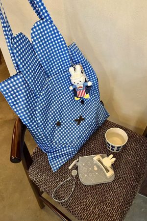Retro Plaid Bunny Canvas Tote Bag - Large Capacity Commuter Shoulder Bag - Cute Modern Rabbit Design