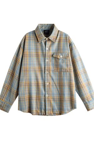 Retro Plaid Color-Blocking Long Sleeve Shirt for Men and Women - Versatile Casual Oversized Style for Early Spring