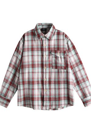 Retro Plaid Color-Blocking Long Sleeve Shirt for Men and Women - Versatile Casual Oversized Style for Early Spring