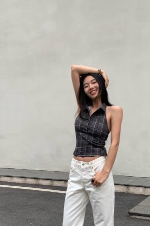 Retro Plaid Halter Polo - 5-Second Outfit Emergency Kit, Slimming Design for Effortless Style, Perfect for Y2K Fashion Lovers