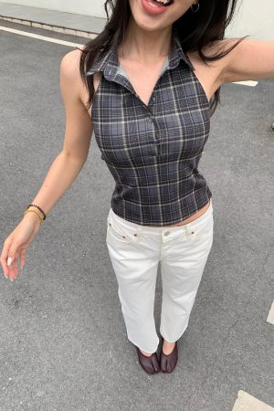 Retro Plaid Halter Polo - 5-Second Outfit Emergency Kit, Slimming Design for Effortless Style, Perfect for Y2K Fashion Lovers